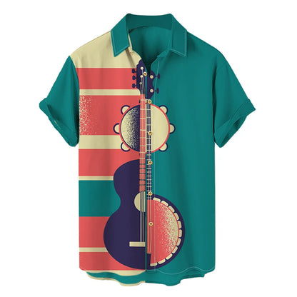 Shirts For Men Music Guitar Print Rock Hip Hop Tops Male Clothing Short Sleeve V-Neck Beach Ahloa Shirts Camisa Social Masculina