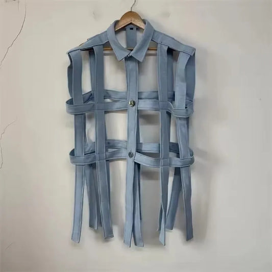Shirts & Blouses Single-breasted Tops  Men 2026 New Fashion Personalized Sleeveless Shirt Joker Temperament Hollow Ladies' Shirt