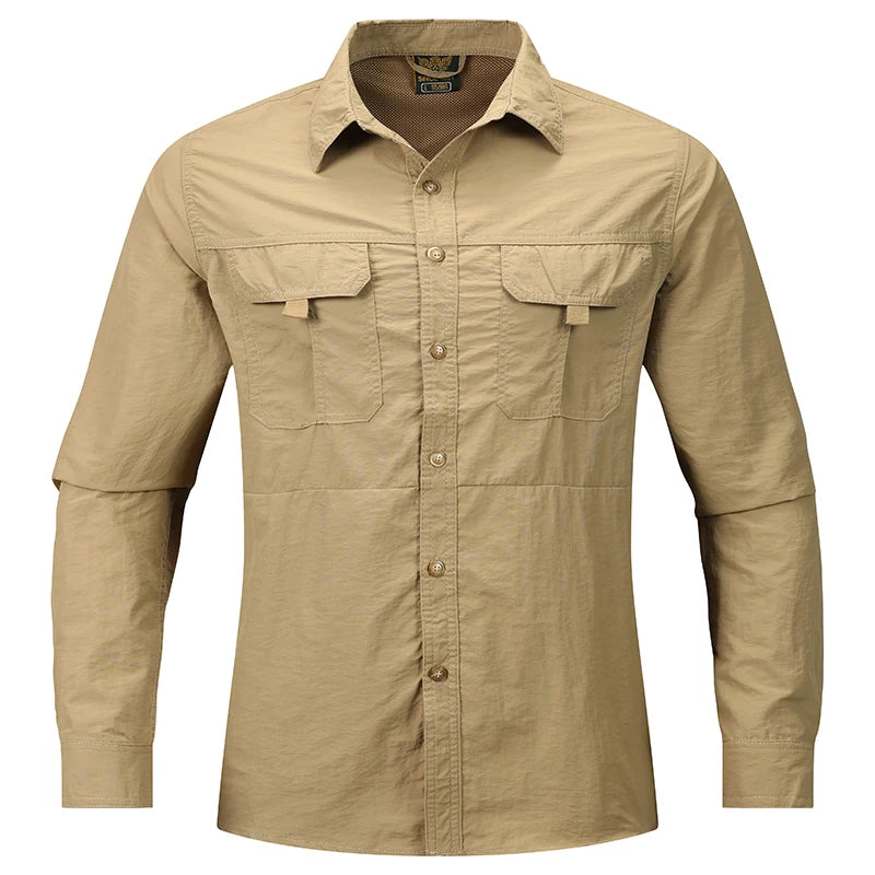 2024 New Summer Cargo Shirt for Men Long Sleeve 2-Pocket Shirts Outdoor Casual Colthing Solid Color Quick-dry Tops Overshirt