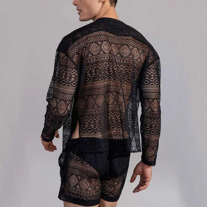 2026 Cross-border AliExpress European and American men's long-sleeved lace cut-out shirt casual shorts men's suit