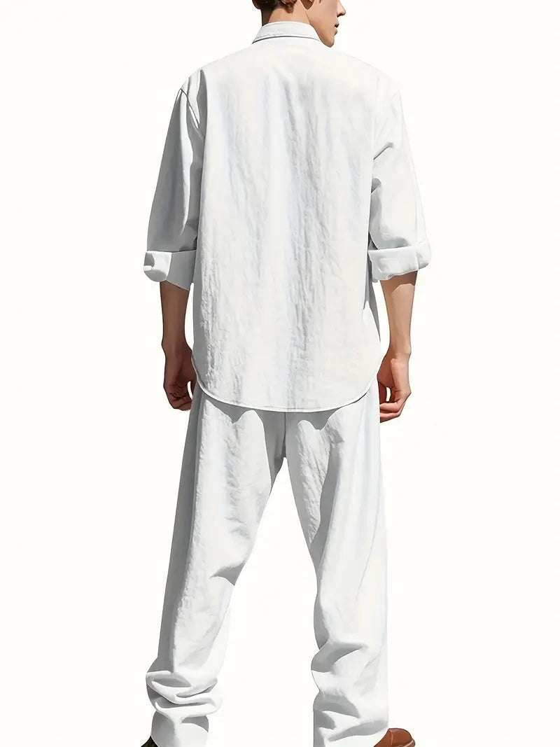 Men's Cotton Linen Shirt and Pants Set Breathable Comfortable Casual Two Piece Outfit Summer Style