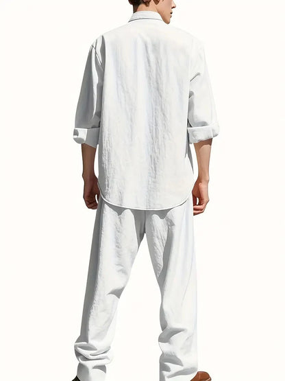 Men's Cotton Linen Shirt and Pants Set Breathable Comfortable Casual Two Piece Outfit Summer Style