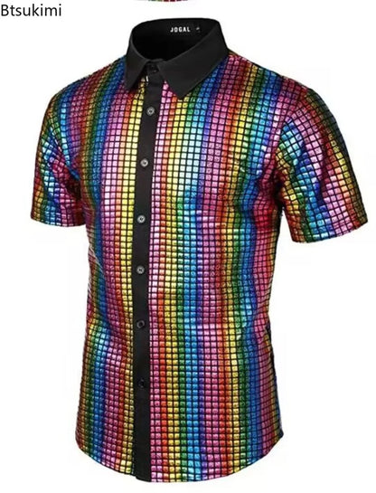 Men's Shiny Shirts Short Sleeve Shirts Nightclub Prom Disco Party Costume Button Blouse Casual Retro Cosplay Shirts Tops for Men