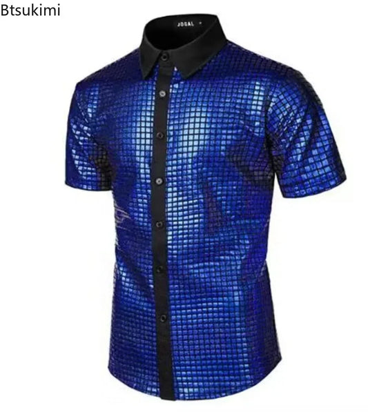 Men's Shiny Shirts Short Sleeve Shirts Nightclub Prom Disco Party Costume Button Blouse Casual Retro Cosplay Shirts Tops for Men