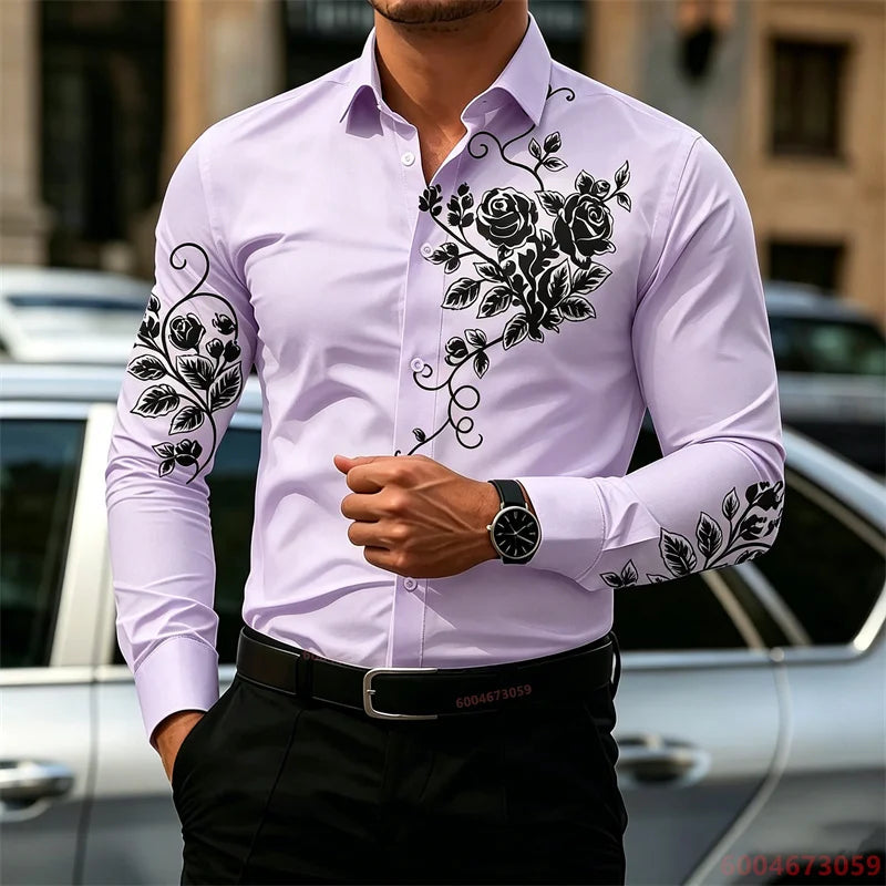 2026 New Men's Shirt with Rose Print, Long Sleeve, Slim Fit, Wrinkle-Free, Business Casual White Shirt, Trendy Men's Shirt
