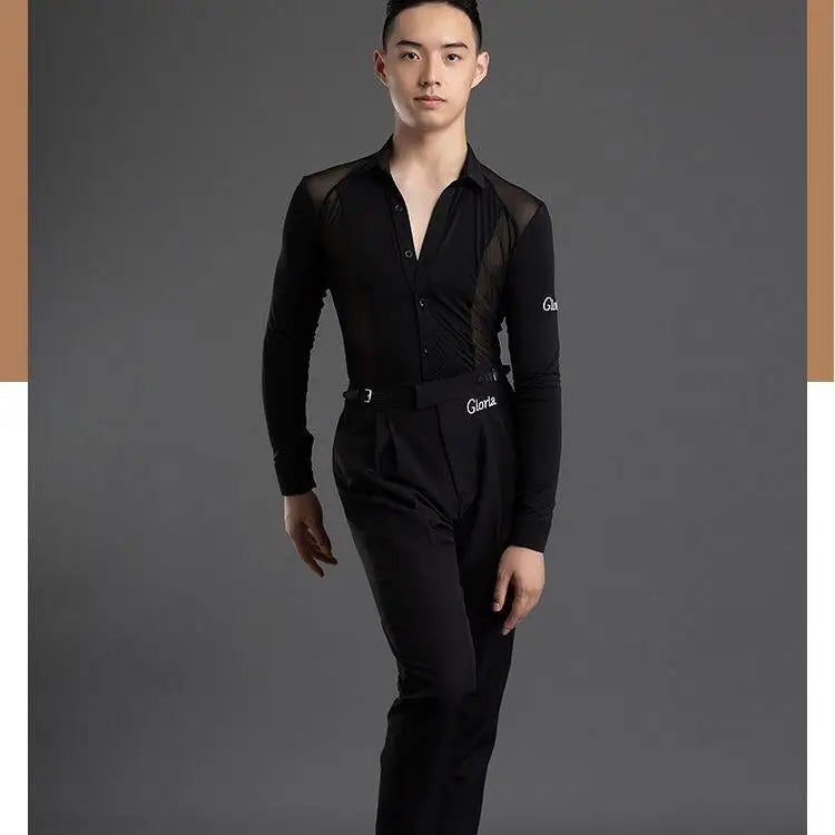 Men's Latin Dance Practice Clothes, Tops, Men's Performance Training Clothes, Long-sleeved Mesh Yarn Body Clothes, Test Clothes