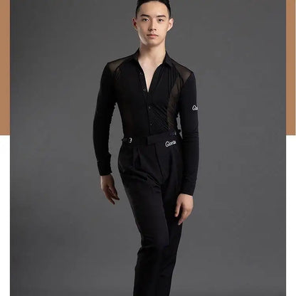 Men's Latin Dance Practice Clothes, Tops, Men's Performance Training Clothes, Long-sleeved Mesh Yarn Body Clothes, Test Clothes
