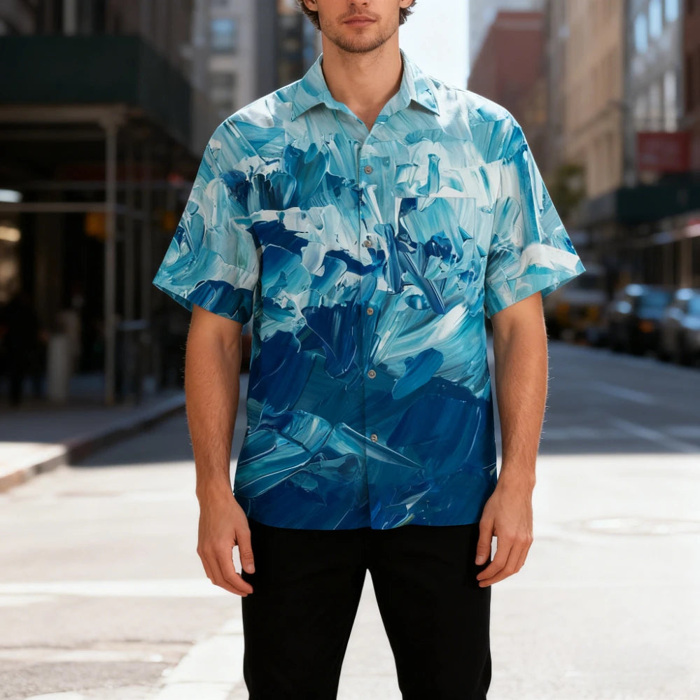 Men's Hawaiian Short-Sleeve Shirt Abstract Artistic Watercolor Print Turn-Down Collar Button-Up Front Summer Beach Casual Wear