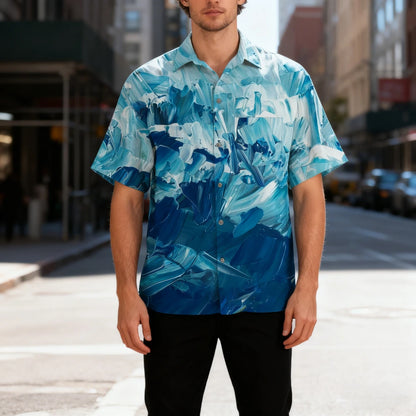 Men's Hawaiian Short-Sleeve Shirt Abstract Artistic Watercolor Print Turn-Down Collar Button-Up Front Summer Beach Casual Wear