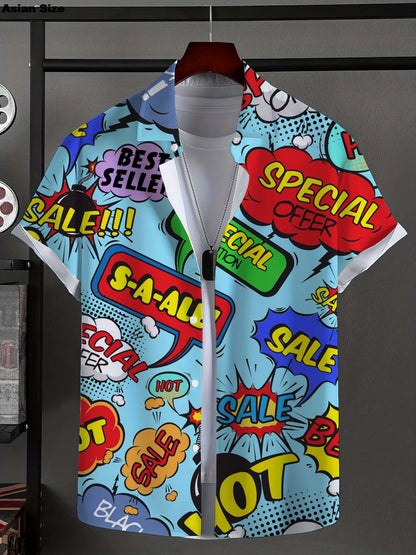 Men's Shirt Fashion Novel Graphic Tops Button Up Shirt Casual New Unisex Shirt Vacation Lapel Short Sleeves Shirt Graffiti Art