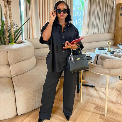 Two Piece Set Women Wholesale Lapel Loose Single Breasted Shirt High Waisted Straight Leg Pants Casual Elegant Suit