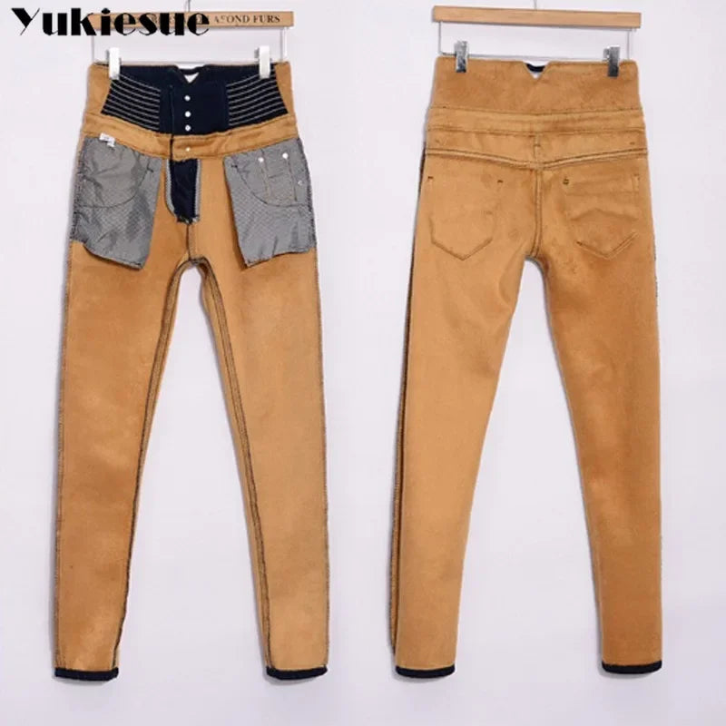 Winter Warm Thick Fleece Woman's Jeans with High Waist Mom Jeans for Women Jean Femme Cloth Black