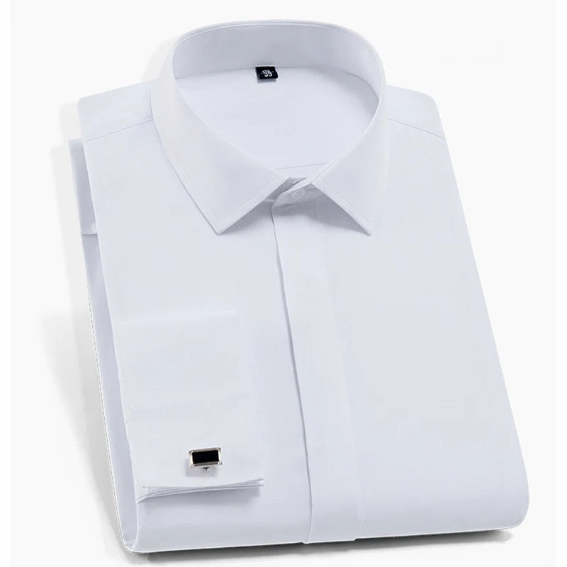 French Shirts for Men Covered Button Solid Plain Long Sleeve Business Party Tuxedo Men Dress Shirt with French Cufflinks