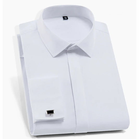 French Shirts for Men Covered Button Solid Plain Long Sleeve Business Party Tuxedo Men Dress Shirt with French Cufflinks