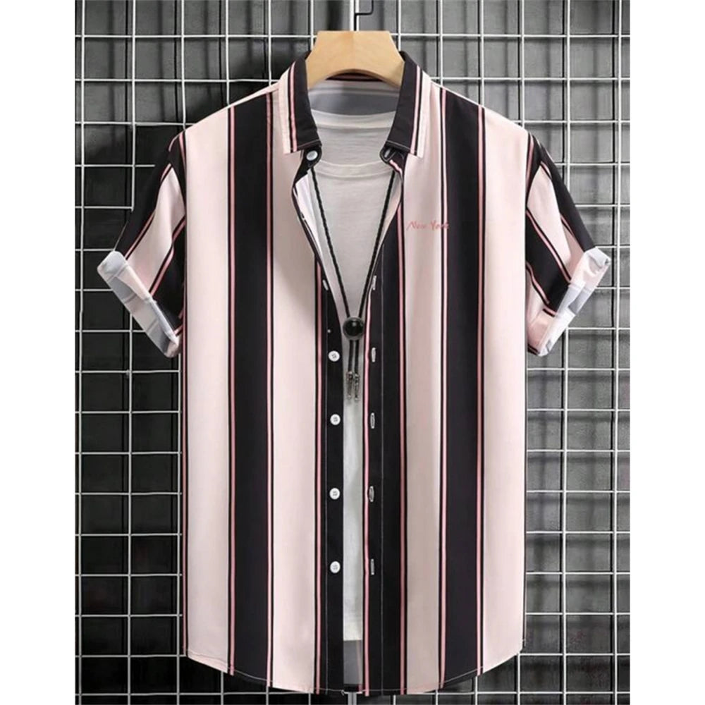 Hawaiian Shirts For Men 3d Striped Print Short Sleeve Shirts Summer Loose Casual Tops Simple Fashion Oversized Men Clothing