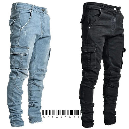2026Jeans Men Pants Wash Solid Color Multi Pockets Denim Mid Waist Cargo Jeans Plus Size Fahsion Casual Trousers Male Daily Wear