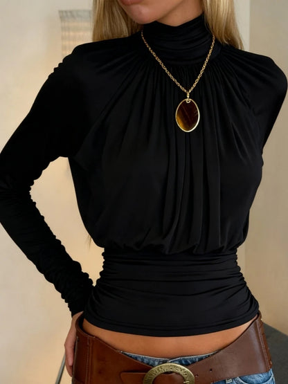 Solid Black T Shirts For Women Elegant Clothes Turtleneck Camisetas Lady Tops Long Sleeve Ropa De Mujer Shirring Feminist Shirt