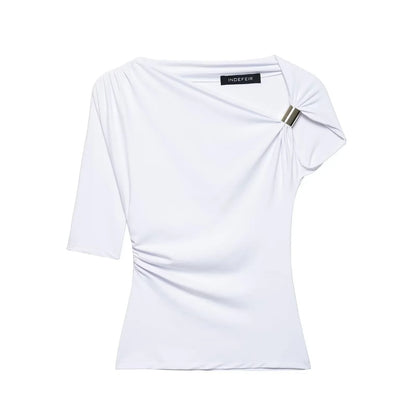 Women's Clothing 2026 Early Spring New Multi Color Sloping Shoulder Off Shoulder Design Side Top