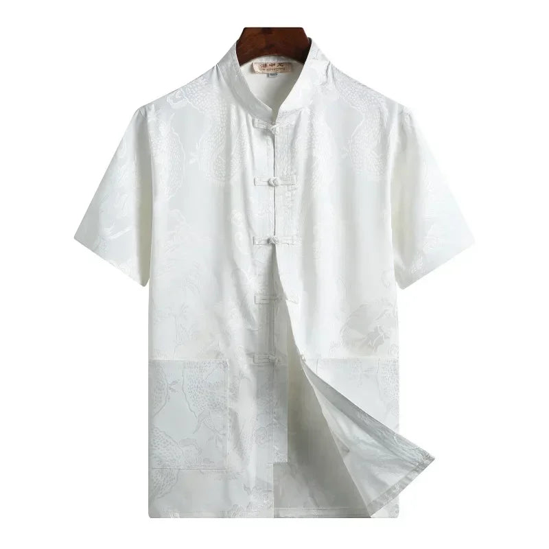 Traditional Chinese Clothing for Men Red Tang Suit Hanfu Short Sleeve Shirt Vintage Kung Fu China Tops Embroidery Clothes