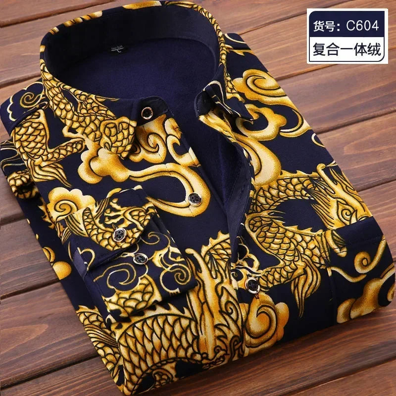 2026 Men's Wedding Party Warm Shirts Autumn Winter Oversized Casual Dress Office Business Fleece Shirts Male Casual Warm Shirts