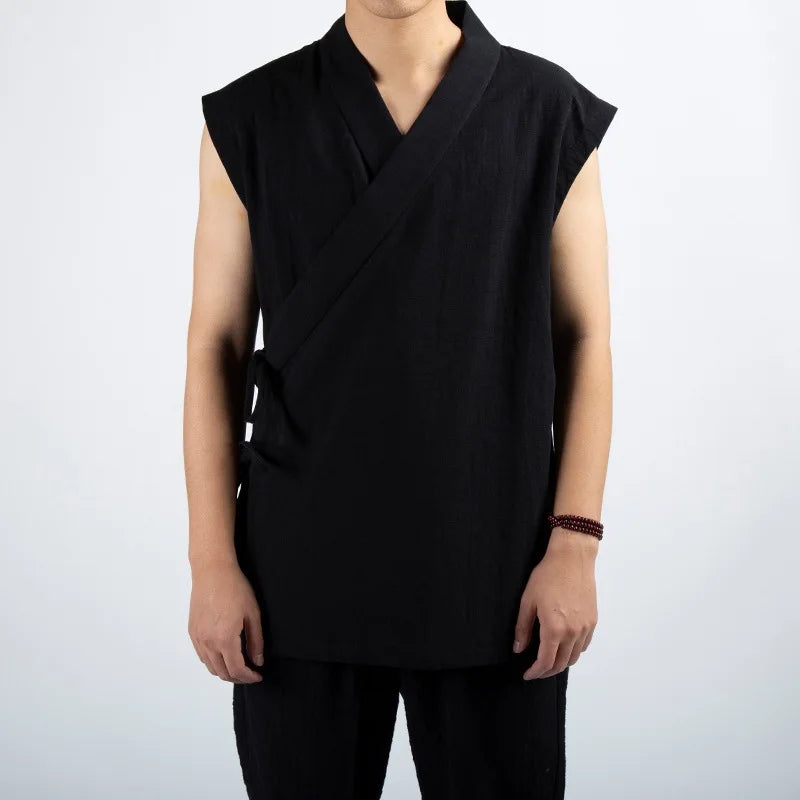 2026 Traditional Chinese Clothing Hanfu Men Linen Cotton Sleeveless Jacket Mens Tang Suit Kimono Cardigan Male Open Stitch Coat