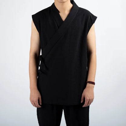 2026 Traditional Chinese Clothing Hanfu Men Linen Cotton Sleeveless Jacket Mens Tang Suit Kimono Cardigan Male Open Stitch Coat
