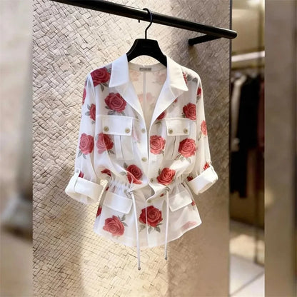 Women's Shirts Blouse Design Sense Rose Printed White Shirt 2026 Summer New Long Sleeve Waist Strap Collar Style Top