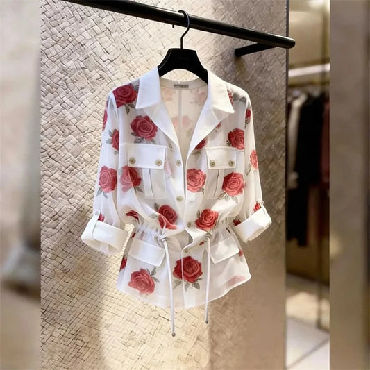 Women's Shirts Blouse Design Sense Rose Printed White Shirt 2026 Summer New Long Sleeve Waist Strap Collar Style Top