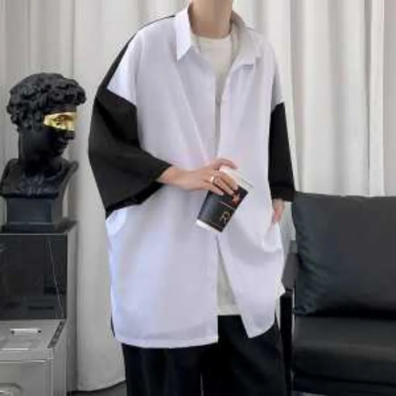 Stitched Contrasting Color Shirt Men's Summer Loose Trendy Brand Three-quarter Sleeve Inch Trend Blouse Patchwork Male Clothes