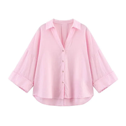 MUJER Striped Women's Shirt White Loose Casual Shirts for Women Summer Button up Shirts and Blouses Woman Wide Sleeve Ladies Top