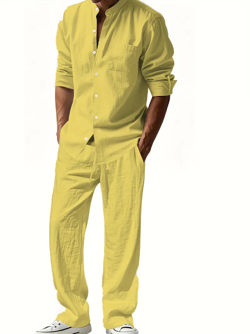 Men's Cotton Linen Shirt and Pants Set Breathable Comfortable Casual Two Piece Outfit Summer Style
