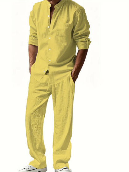Men's Cotton Linen Shirt and Pants Set Breathable Comfortable Casual Two Piece Outfit Summer Style