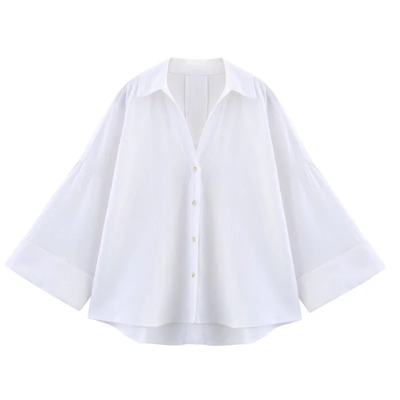 MUJER Striped Women's Shirt White Loose Casual Shirts for Women Summer Button up Shirts and Blouses Woman Wide Sleeve Ladies Top