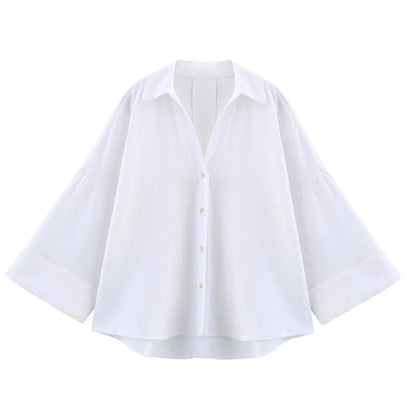 MUJER Striped Women's Shirt White Loose Casual Shirts for Women Summer Button up Shirts and Blouses Woman Wide Sleeve Ladies Top