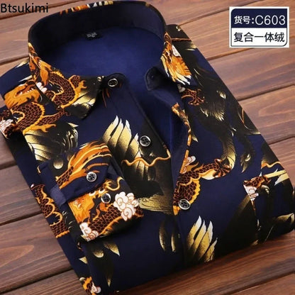 2026 Men's Wedding Party Warm Shirts Autumn Winter Oversized Casual Dress Office Business Fleece Shirts Male Casual Warm Shirts