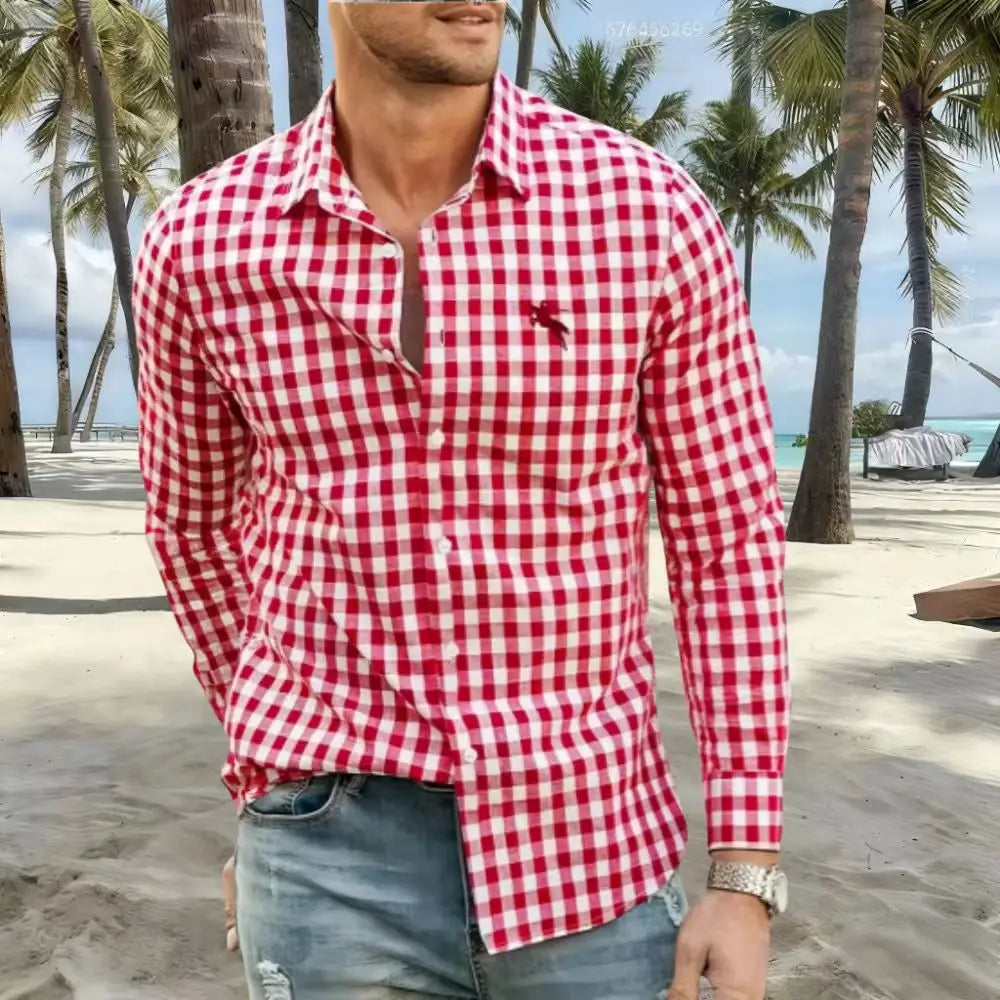 New Men's Shirts Are Available in Striped and Checked Styles, With Various Colors to Choose From. This Casual Long-Sleeved Shirt
