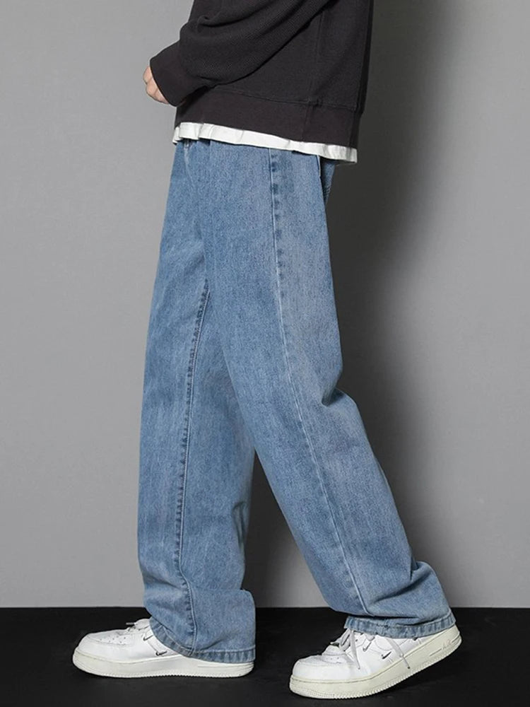 2026 New Korean Men's Casual Long Jeans Classic Man Straight Denim Wide-leg Pants Solid Color Light Blue Grey Black