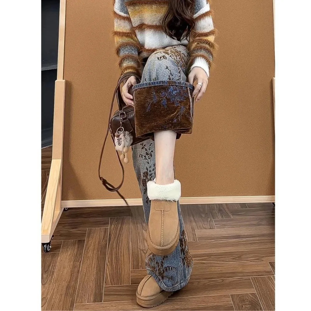 Women's Fashion Flocked Jacquard Wide-Leg Jeans - 2025 New Winter Style, High-Waisted, Slimming, Straight-Leg