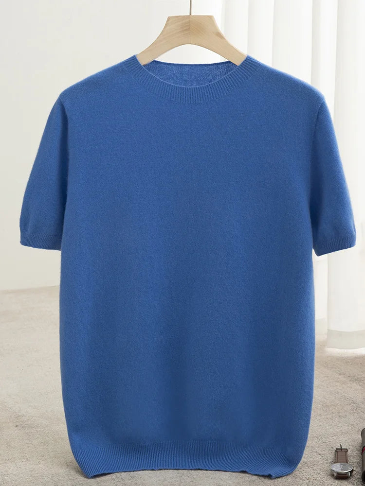 Men Classical T-shirt 100% Merino Wool Sweater O-neck Short Sleeve Pullover Smart Casual Basic Clothing Cashmere Knitwear Tops