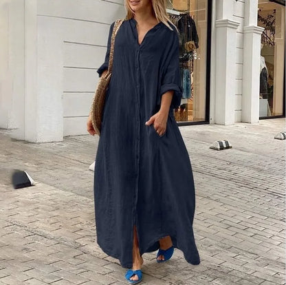 Women's Clothing Casual Pocket Shirt Collar Long Skirt Casual Cotton Linen Dress