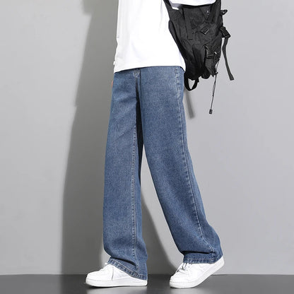 2026 New Korean Men's Casual Long Jeans Classic Man Straight Denim Wide-leg Pants Solid Color Light Blue Grey Black