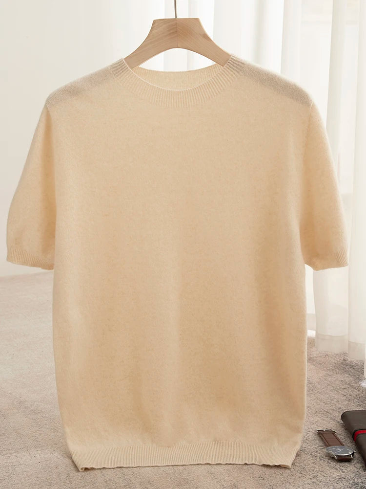 Men Classical T-shirt 100% Merino Wool Sweater O-neck Short Sleeve Pullover Smart Casual Basic Clothing Cashmere Knitwear Tops