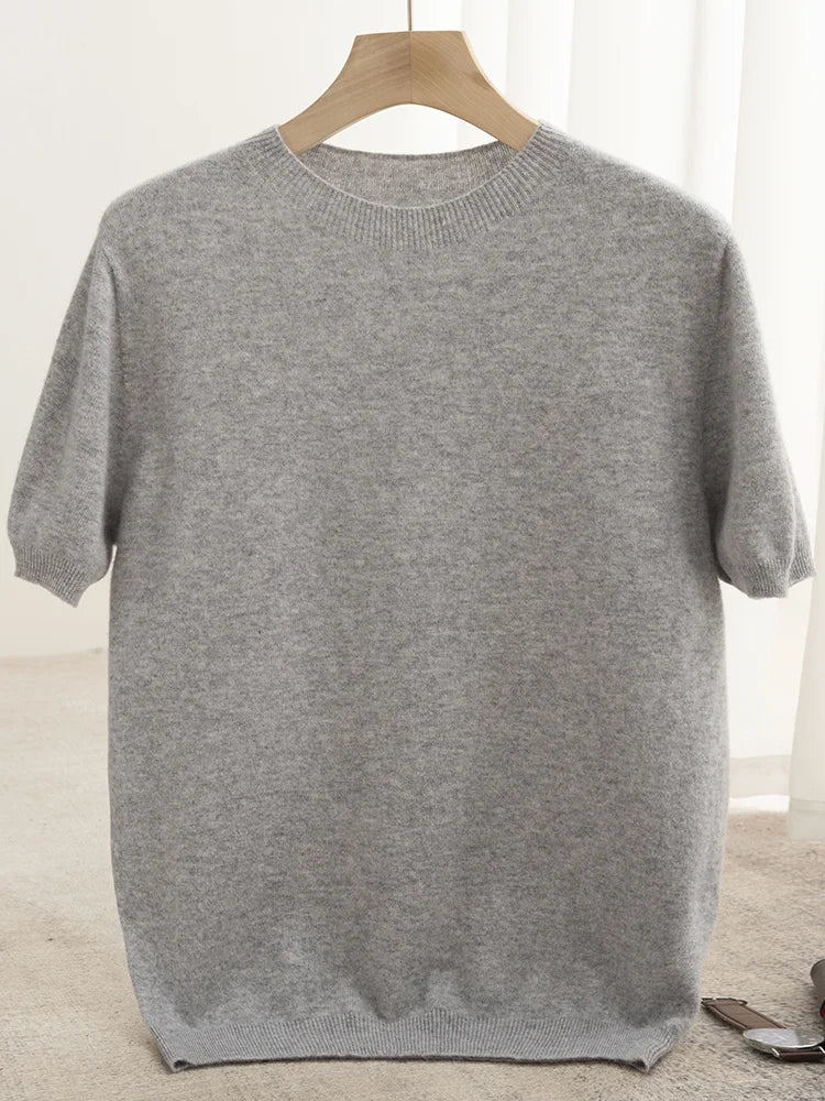 Men Classical T-shirt 100% Merino Wool Sweater O-neck Short Sleeve Pullover Smart Casual Basic Clothing Cashmere Knitwear Tops