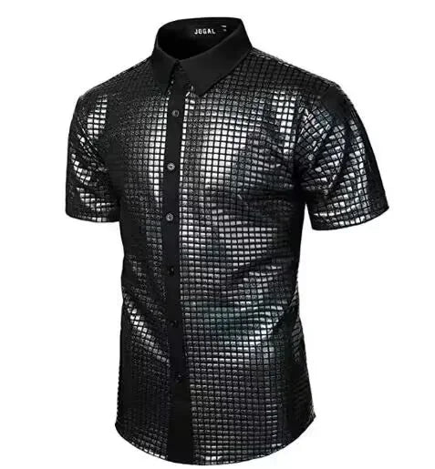 Men's Shiny Shirts Short Sleeve Shirts Nightclub Prom Disco Party Costume Button Blouse Casual Retro Cosplay Shirts Tops for Men