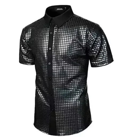 Men's Shiny Shirts Short Sleeve Shirts Nightclub Prom Disco Party Costume Button Blouse Casual Retro Cosplay Shirts Tops for Men