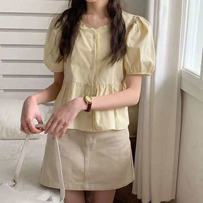 Shirts Women Elegant Sweet Preppy Style Cute Summer Tops Short Puff Sleeve New Arrival Stylish Korean Camisas Mujer Vintage Pure