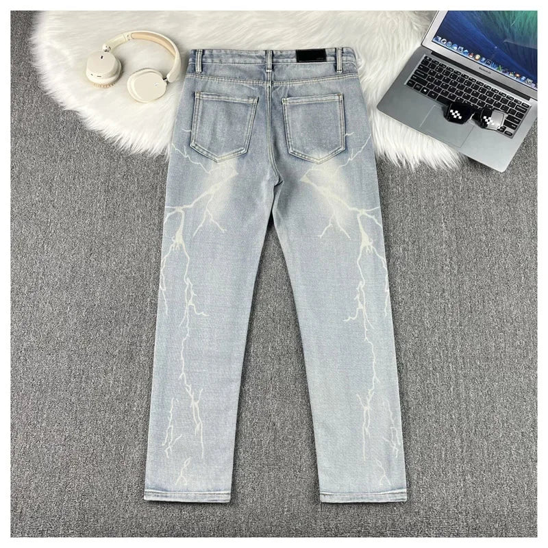 2025 Men Jeans Male Slim High Elasticity Star Embroidery Stretch Mid Waist Casual Jeans Fashion Street Wear Straight Leg Pants