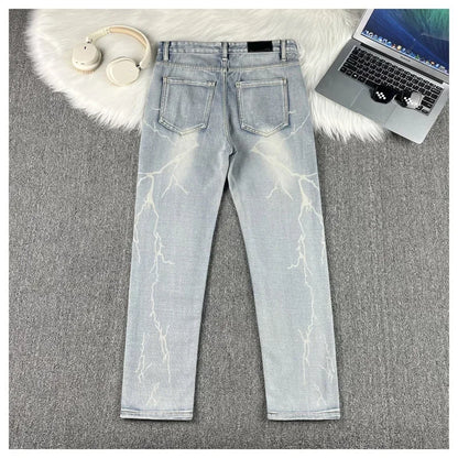 2025 Men Jeans Male Slim High Elasticity Star Embroidery Stretch Mid Waist Casual Jeans Fashion Street Wear Straight Leg Pants