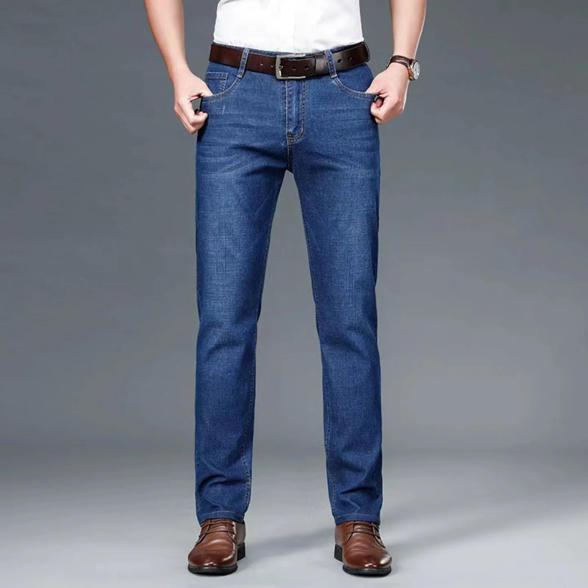 2025 Men's Fashionable High-End Blue and Black Straight Leg Jeans, New Stretch, Slim Fit, Business Comfortable Men's Brand Jeans