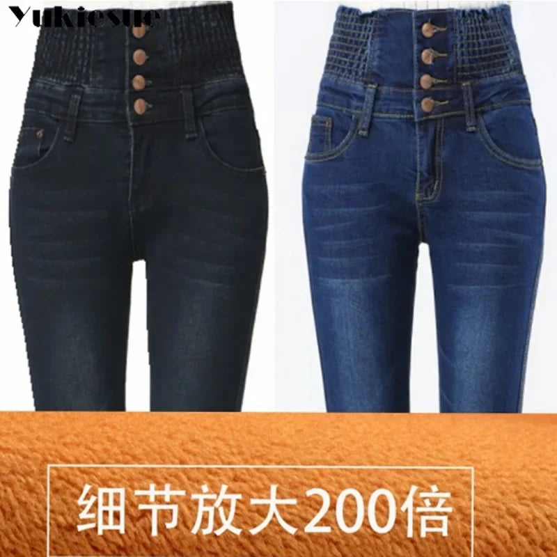 Winter Warm Thick Fleece Woman's Jeans with High Waist Mom Jeans for Women Jean Femme Cloth Black
